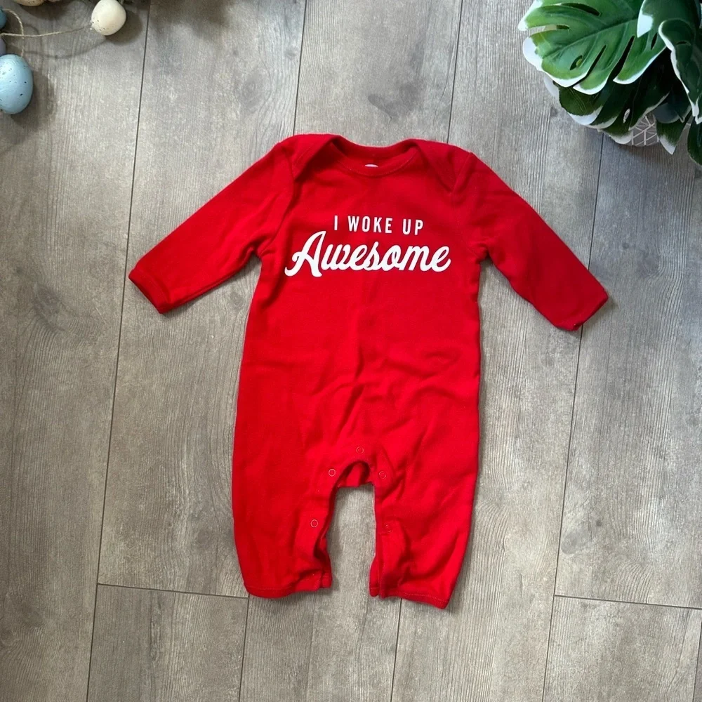 Old Navy Red 'I Woke Up Awesome' Kids One Piece Coveralls Romper 3-6 Months